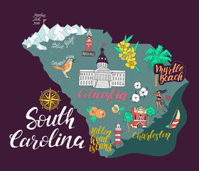 Illustrated map of  South Carolina, USA. Travel and attractions. Souvenir print