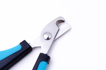 Cat claw scissors for cats with black and blue handle on a white background in macro
