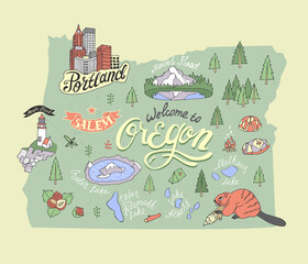 Illustrated map of  Oregon, USA. Travel and attractions. Souvenir print