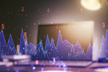 Double exposure of abstract creative statistics data hologram on laptop background, statistics and analytics concept
