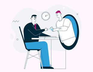 Vector linear character illustration of Buyer pays online to Sales Manager