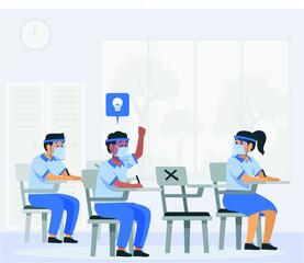Back to school for new normal lifestyle social distancing in class room Concept, Prevention tips  of coronavirus 2019 . young boy and girl wearing mask Sitting on the desk in classroom