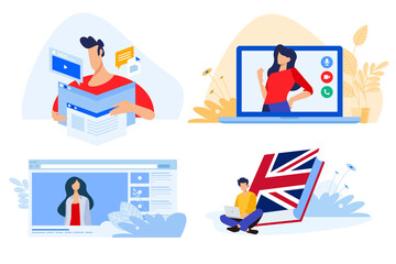 Naklejka premium Distance education. Vector illustration concepts for graphic and web design, of internet education, e-learning, online training and courses, video tutorial, language school.