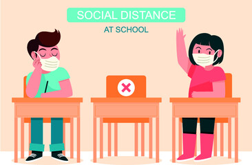 Back to school for new normal lifestyle social distancing in class room Concept, Prevention tips infographic of coronavirus 2019 . Little boy and girl wearing mask Sitting on the desk in classroom