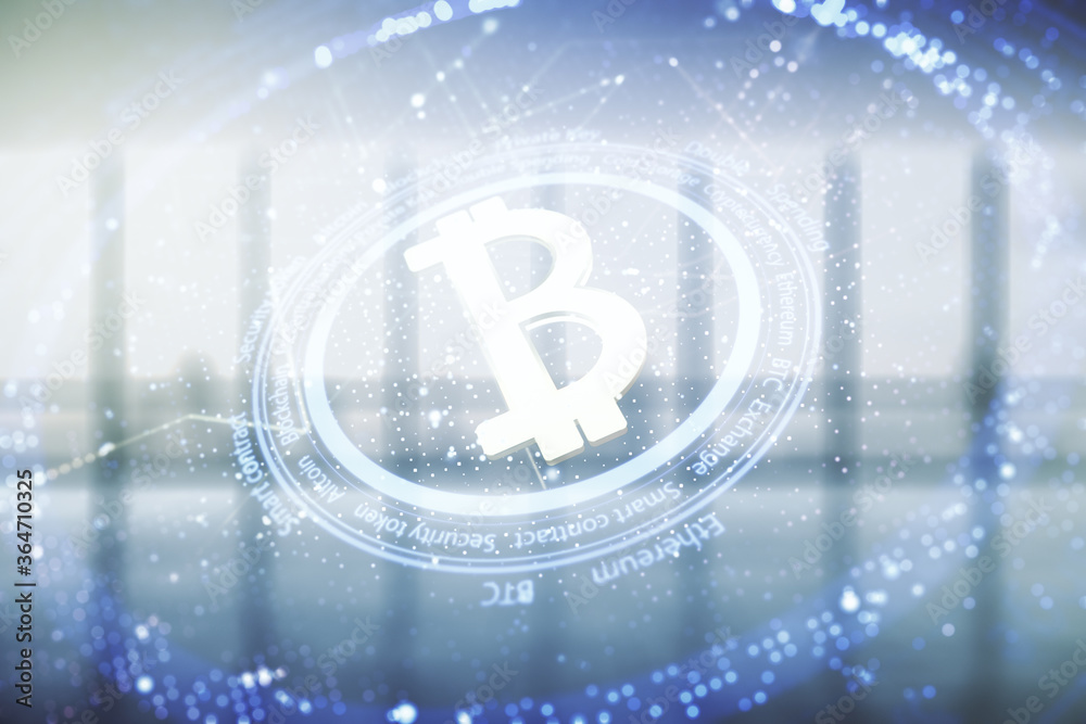 Poster double exposure of creative bitcoin symbol hologram on empty modern office background. cryptocurrenc