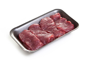 raw beef steaks in the packageisolated on white background