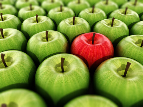 Red apple standing out from green apples. 3D illustration