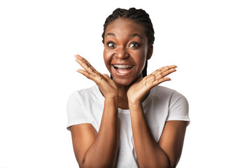 Excited African American Woman With Orthodontic Braces Shouting, Studio Shot