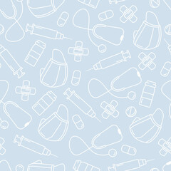 Vector illustration seamless pattern background medicine, disposable masks, syringes, stethoscope, pills, tablets.