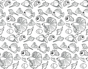 Black and white pattern in summer and nautical themes, with fish and shells. Stock texture isolated on a white background. Fine black contour pattern for wallpaper, wrappers, clothes and textile.