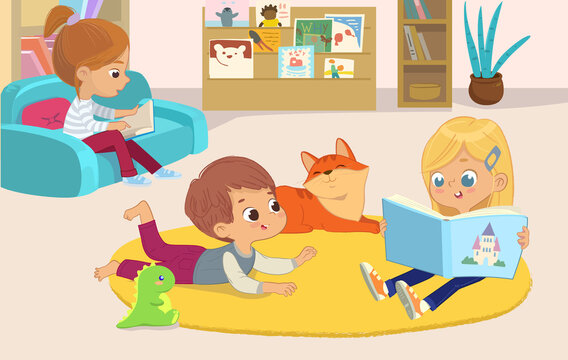 illustration of a girl reading the book to her friends the boy and the pet cat. Book corner in the kindergarten.