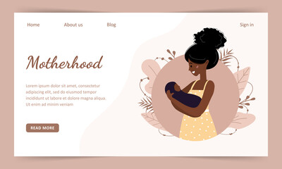 Motherhood. African woman holds a child. Landind page template. Modern flat style vector illustration isolated on soft background.