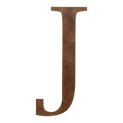 Brown leather textured letter J with yellow stitch, leather alphabet, vector illustration