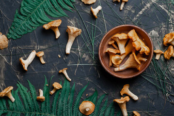 Chanterelles on a black table top view, vegan food,