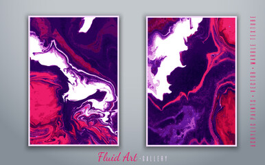 Vector. Fluid art. Liquid acrylic paints. Marble texture. Violet and red colors. Handmade. Fashionable modern painting. Template for posters, business cards, invitations, book covers, presentations..