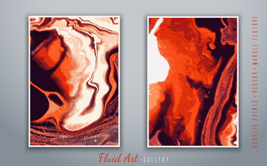 Vector. Fluid art. Liquid acrylic paints. Marble texture. Brown and red colors. Handmade. Fashionable modern painting. Template for posters, business cards, invitations, book covers, presentations..