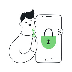 Businessman holding a key and a smartphone with a lock. Solution, opportunity, secure, data access, encryption, account access concept. Flat outline clean vector illustration on white.