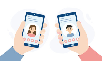 Dating application for smartphones. Hands holding smartphones. People dating through an online app.