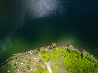 landscape with fields and blue sky from drone