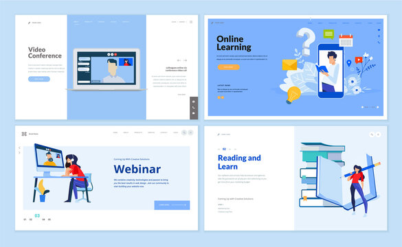 Web page design templates of video conference, webinar, education, online learning. Vector illustration concepts for website development. 