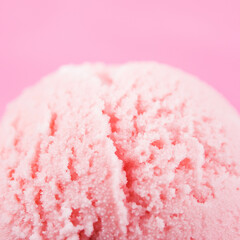 Delicious strawberry pink ice cream scoops. Macro shot, square