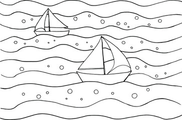 Waves and ships Coloring Page. Summer print for Coloring Book for children. Black and white sea and boats. Antistress freehand sketch drawing. Vector illustration.