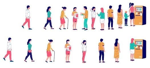 People waiting in line at the ATM machine, vector flat illustration. Long ATM queue. Customers standing right behind people in one line and keeping social distancing, wearing face masks in the other.