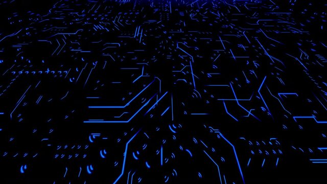 An abstract concept of a digital circuit board working in real-time, blue colored version - seamless looping.