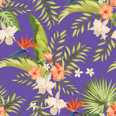 Tropical vector seamless background. Jungle pattern with exitic flowers, and palm leaves. Stock vector. Jungle vector vintage wallpaper