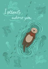 Postcard with sea otter and crab and the inscription I otterly adore you . Vector graphics