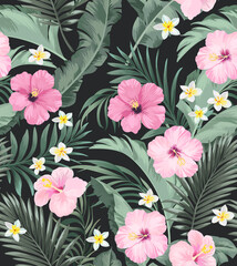 Tropical vector seamless background. Jungle pattern with exitic flowers, and palm leaves. Stock vector. Jungle vector vintage wallpaper