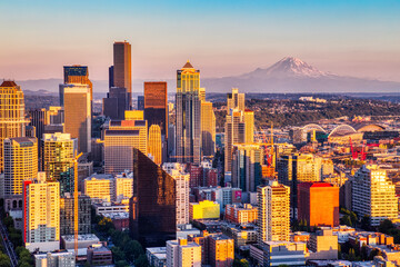 Seattle Aerial Skyline with Mt. Rainier in the Background at Sunset, Washington