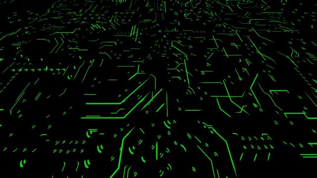 An abstract concept of a digital circuit board working in real-time, green colored version - seamless looping.