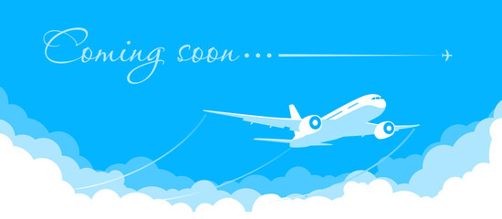 Blue sky with clouds and a plane taking off. Announcement of the opening and the beginning of flights after quarantine. Illustration, vector - obrazy, fototapety, plakaty