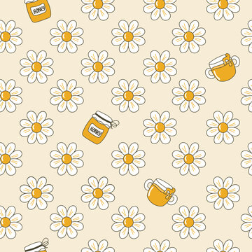 Vector image of a seamless cartoon pattern of daisies and jars of honey.
