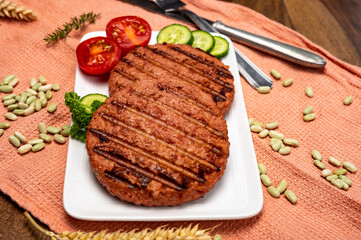 Source of fibre plant based vegan soya protein grilled burgers, meat free healthy food