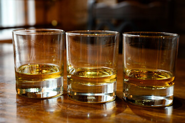 Flight of Scottish whisky, tasting glasses with variety of single malts or blended whiskey spirits on distillery tour in pub in Scotland
