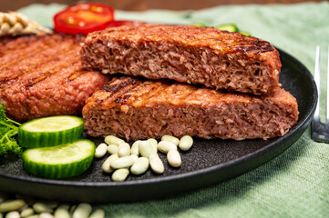 Source of fibre plant based vegan soya protein grilled burgers, meat free healthy food