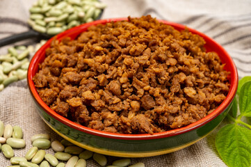 Source of fibre plant based vegan soya protein minced meat, meat free healthy food
