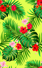 Tropical vector seamless background. Jungle pattern with exitic flowers, and palm leaves. Stock vector. Jungle vector vintage wallpaper