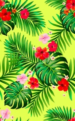 Foto op Aluminium Tropische vector naadloze achtergrond. Jungle patroon met spannende bloemen en palmbladeren. Voorraad vector. Jungle vector vintage behang © Logunova  Elena