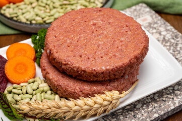 Fototapeta na wymiar Source of fibre plant based vegan soya protein burgers, meat free healthy food