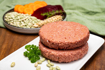 Source of fibre plant based vegan soya protein burgers, meat free healthy food