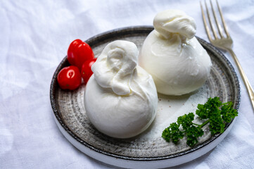 Cheese collection, fresh soft white burrata cheese ball made from mozzarella and cream from Apulia, Italy
