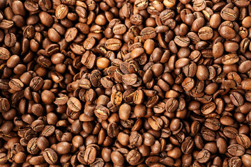 Background coffee beans. Pattern of brown roasted coffee bean beans