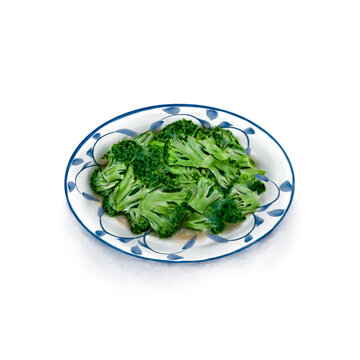 Watercolor Illustration of Chinese Cuisine - Fried broccoli with minced garlic on the traditional Chinese blue and white plate | 蒜蓉西兰花