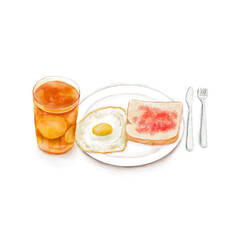 Watercolor Illustration of Western Breakfast - Fried egg toast on the plate served with a cup of lemon red tea, with a knife and fork on the table