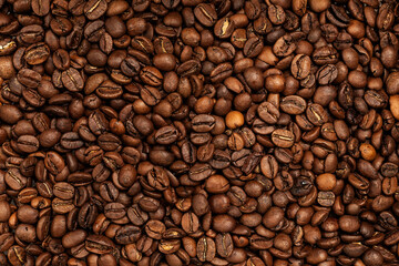 Background coffee beans. Pattern of brown roasted coffee bean beans