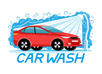 Car wash sign with red car on a white background.
