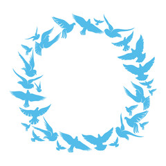 Obraz premium Blue round frame of flying doves on a white background.